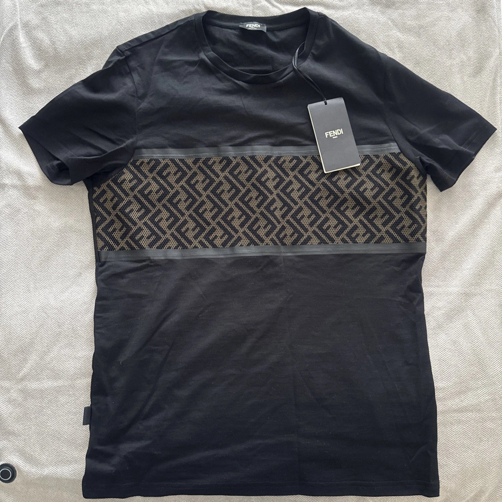 Fendi T Shirt Size M Black Mesh FF Monogram Mesh Stripe Men’s Medium