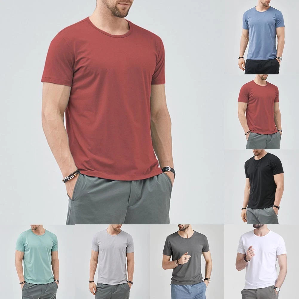 Men's Solid Color O-Neck T-Shirt Short Sleeve Slim Fit Casual Top Light Grey