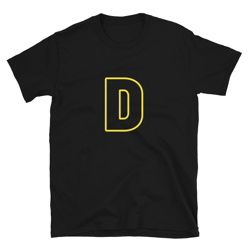 Letter  D Yellow Bold Font Simple Black T-Shirt