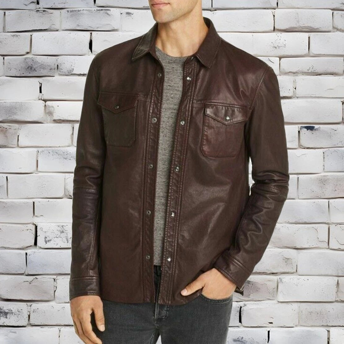 New Mens Genuine Brown Lambskin Leather Shirt Jacket Stylish Slim Fit Shirt