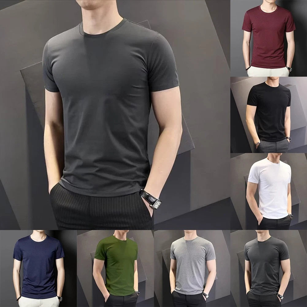 Men's Solid Color Short Sleeve Round Neck Slim Fit T-Shirt for Bottoming Top