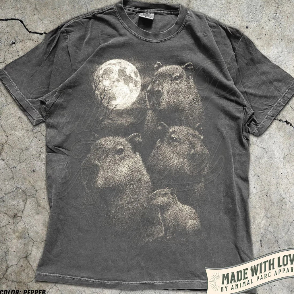 Capybara Full Moon Vintage Graphic Tee Three Capybaras Animal Lover