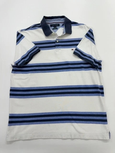 Tommy Hilfiger Men White Blue Striped Polo Size XL Slim Cotton Button Closure
