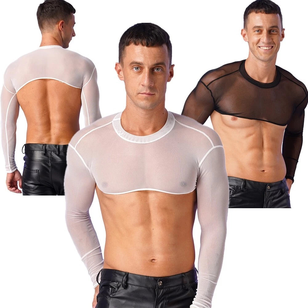 T-shirt Mesh Mens Long Sleeve Half Shirt Solid Color Crop Tank Top Sexy Sheer