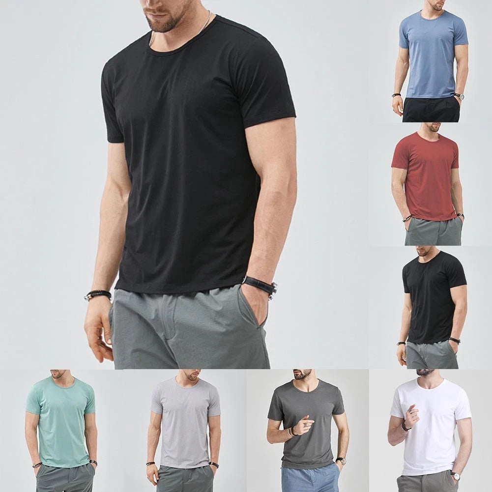 Men Solid Color T-Shirt O Neck Short Sleeve Slim Fit Casual Top Light Blue