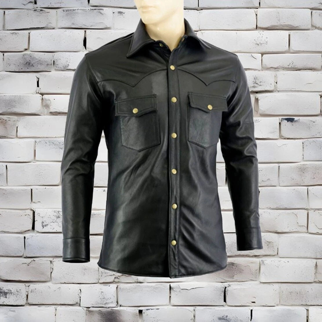 Men's Genuine Black Lambskin Real Leather Waxed Shirt Jacket Slim fit Biker