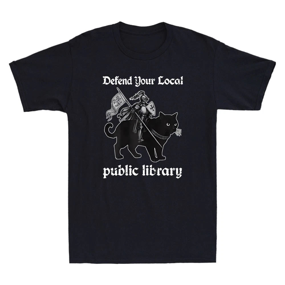 Defend Your Local Public Library Funny Knight With Cat Meme Retro Men's T-Shirt