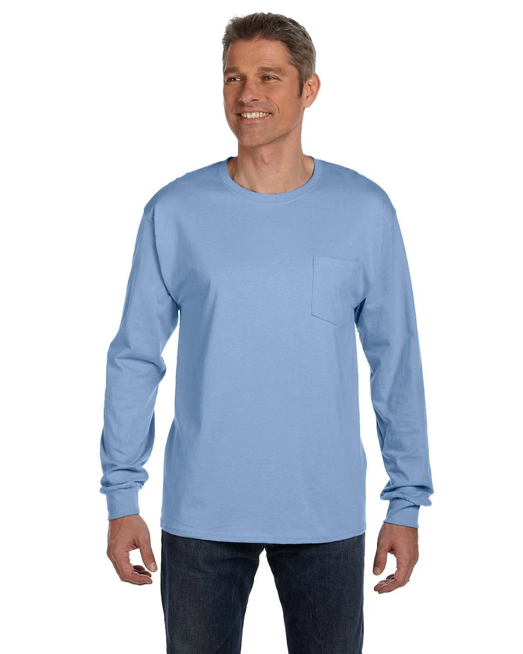 Hanes Men's Authentic Long-Sleeve Pocket T-Shirt 5596 Light Blue Size M