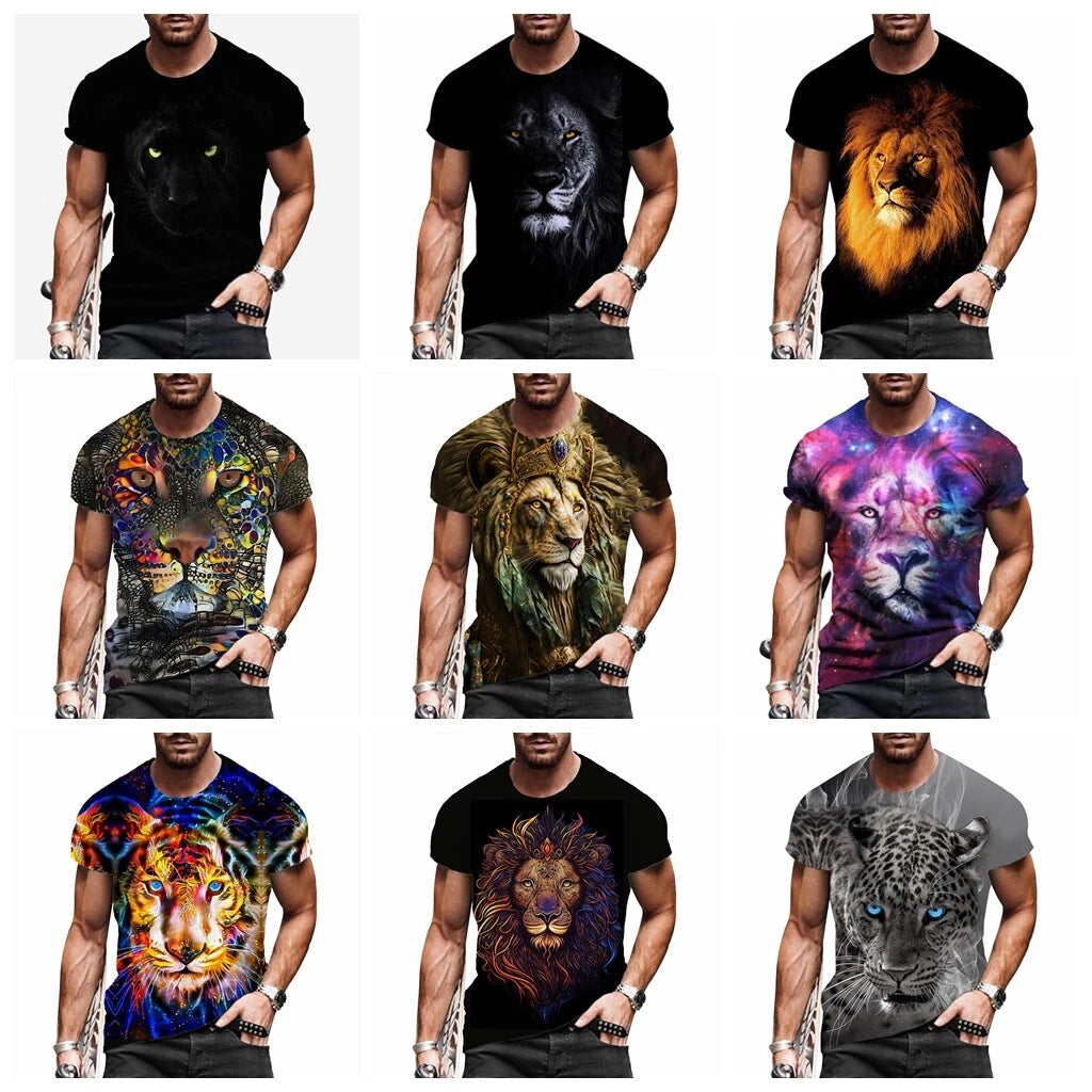T-Shirt Men's Lion Tiger Fashion Graphic Print Short Sleeve Silky Casual T Shirt