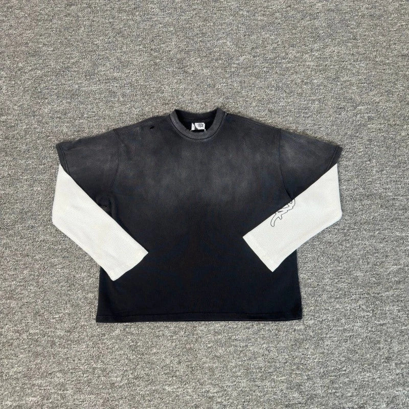 Mertra Street Hip Hop Washed Vintage Patchwork Long Sleeve T-Shirt