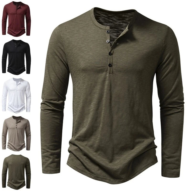 Men's T Shirts Long Sleeve T-shirt Mens Henley Neck Casual Basic Tee Tops NEW