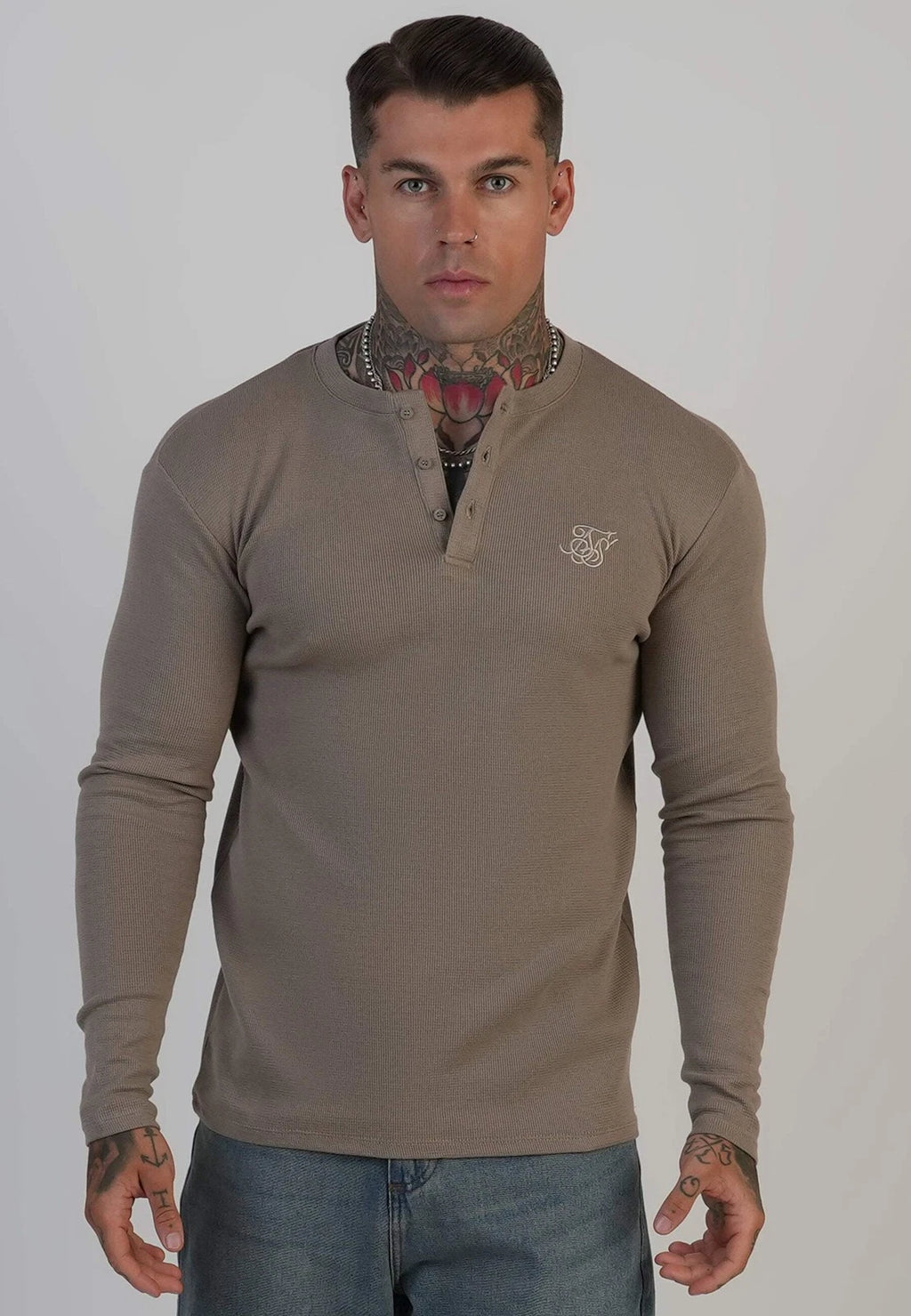 SikSilk Men's Long Sleeved Muscle Fit Henley T-Shirt Tee Beige