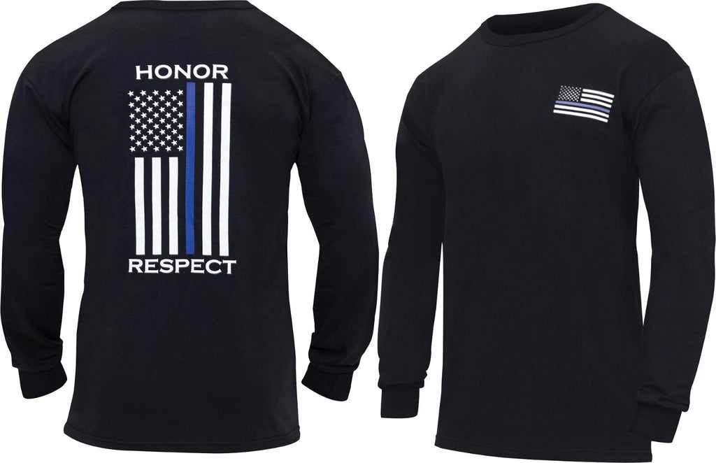 Black Thin Blue Line US Flag Honor Respect Flag Double Print Long Sleeve T-Shirt
