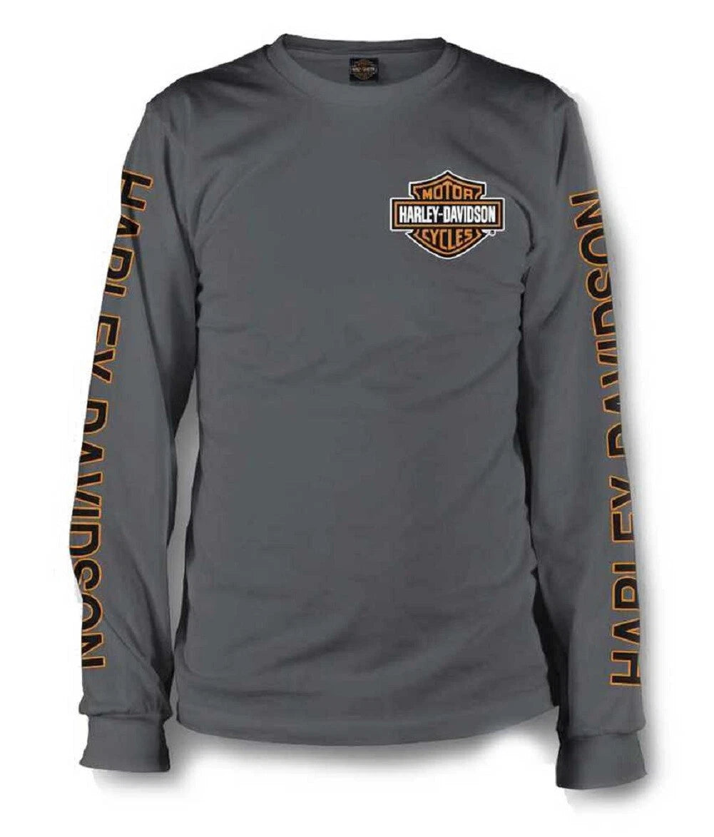 Harley-Davidson Men's Long Sleeve Orange Bar & Shield Grey Shirt 30291963