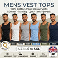 Mens Vest Tops 100% Cotton Plain Classic Vests Summer Training Gym Tank Top Pack