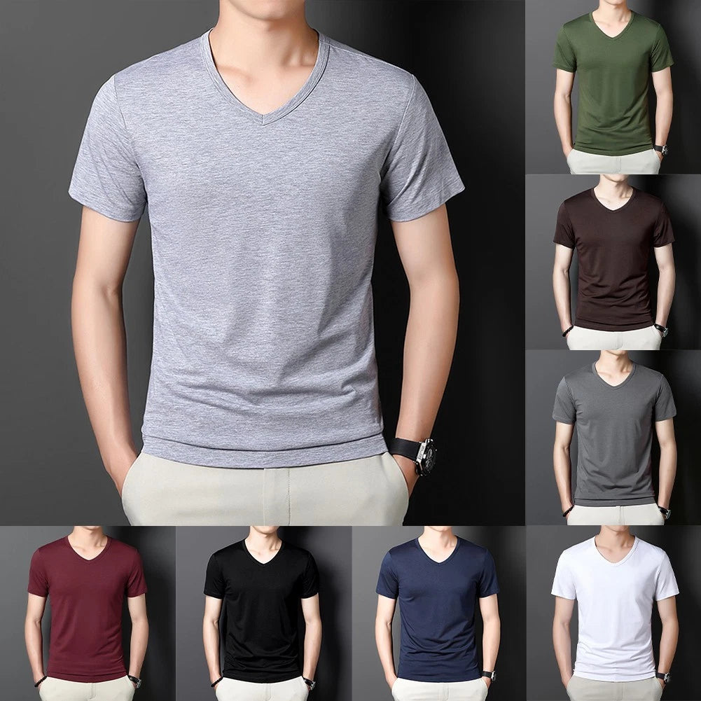 Men V Neck T-Shirt Short Sleeve Tee Casual Wear V Neck Short Sleeve Slim Fit