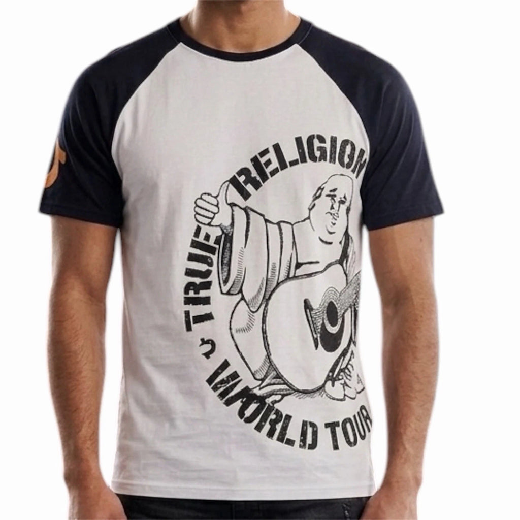 $79 TRUE RELIGION White Navy PART BUDDHA Short Sleeve Designer Raglan T-shirt