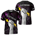 Customize Name Electrician Lightning In Hand Black Purple 3D T-Shirt S-5XL