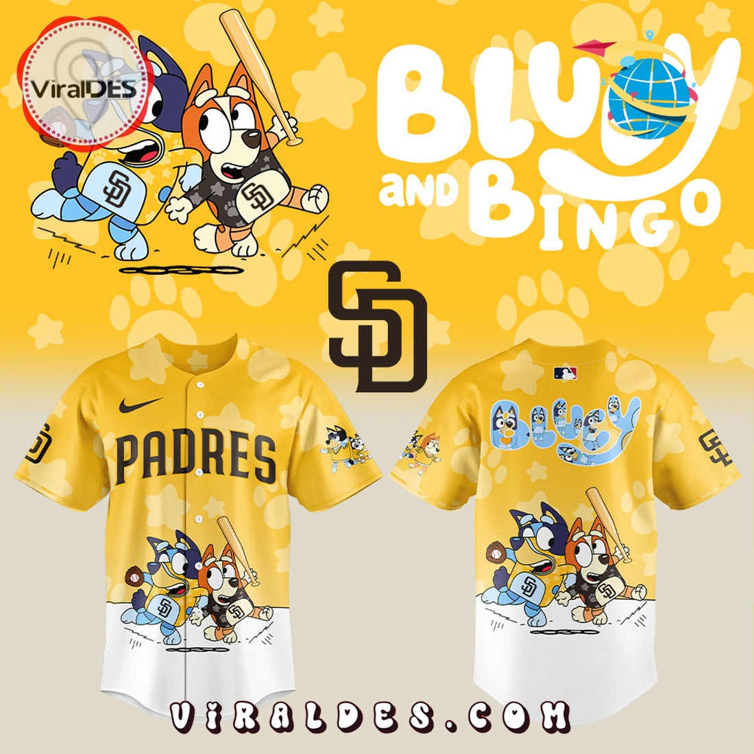 San Diego Padres Bluey and Bingo Yellow Baseball Jersey