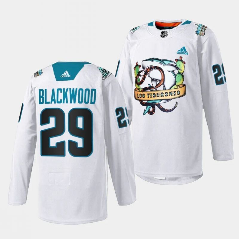 san jose sharks #29 mackenzie blackwood 2023 los tiburones white special jersey