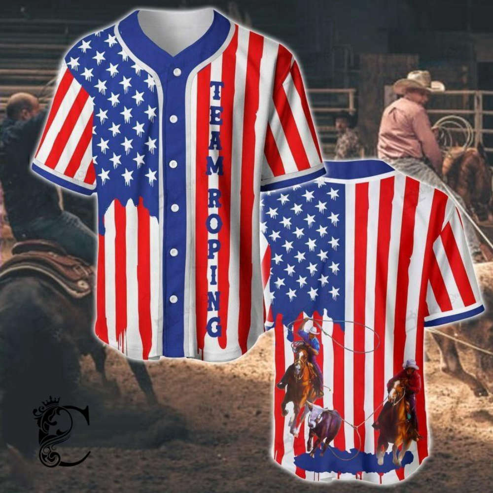 Show Your Patriotism with Team Roping US Flag Stripes Baseball Jersey