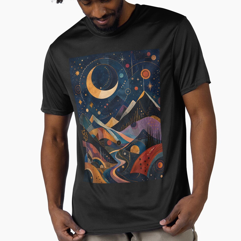 Celestial Mountain Landscape – Golden Crescent Moon and Starry Night by GutyzDesignsES