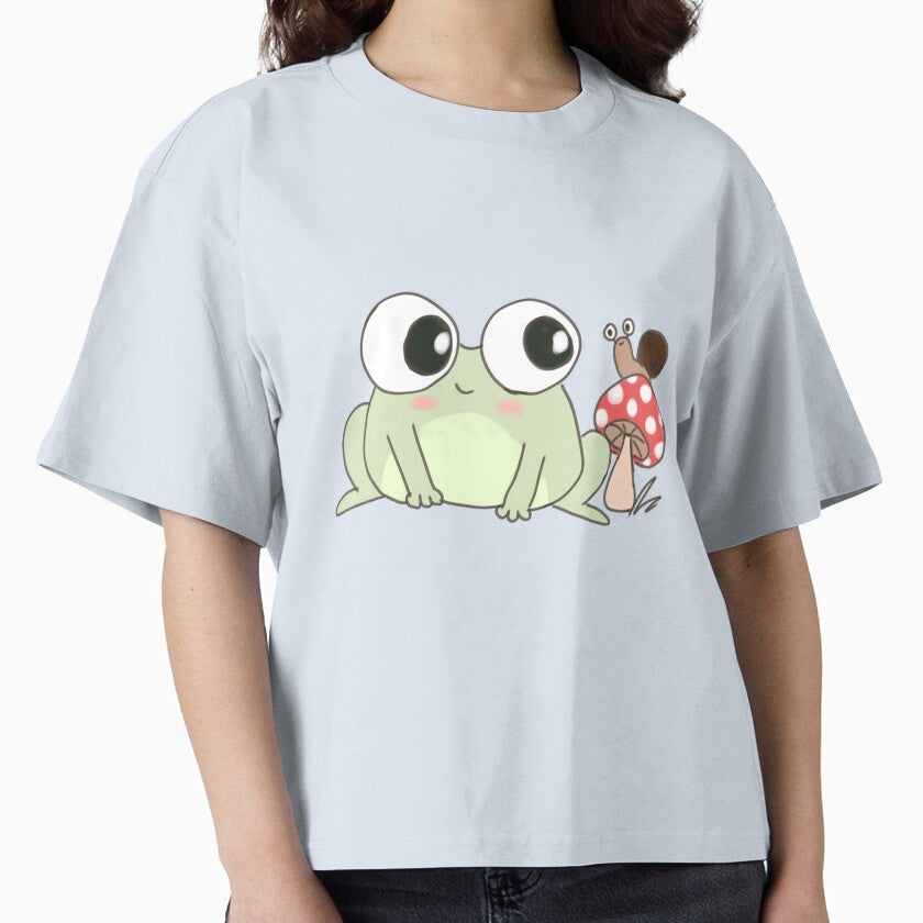 Cute cartoon frog with a snail friend on a mushroom by Yarafantasyart