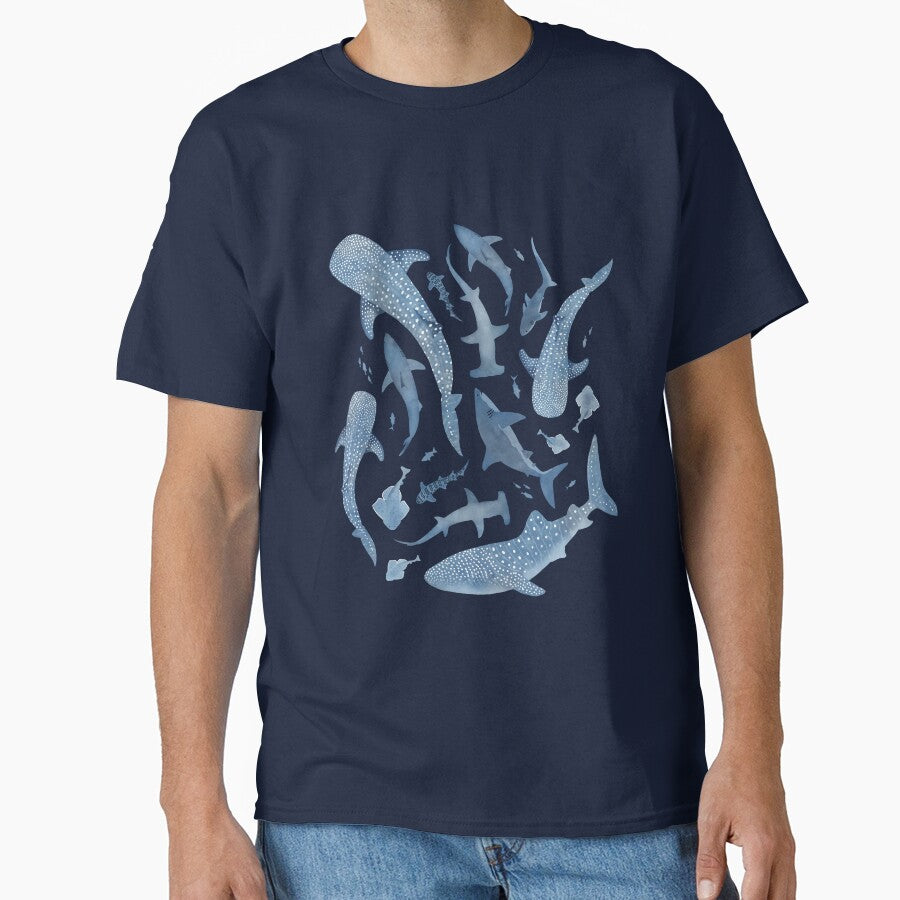 Monochrome blue watercolour shark ocean on black by adenaJ