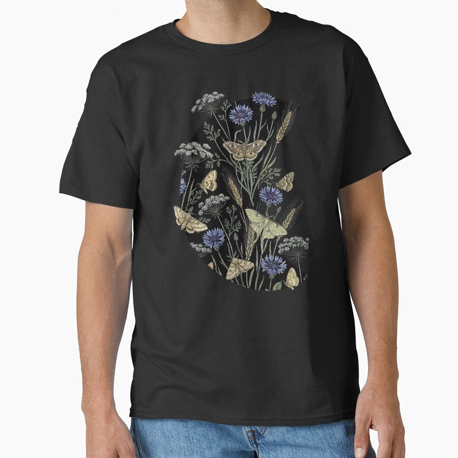 Dark Enchanted Night Garden Moth and Wildflower Pattern by LinaValearte