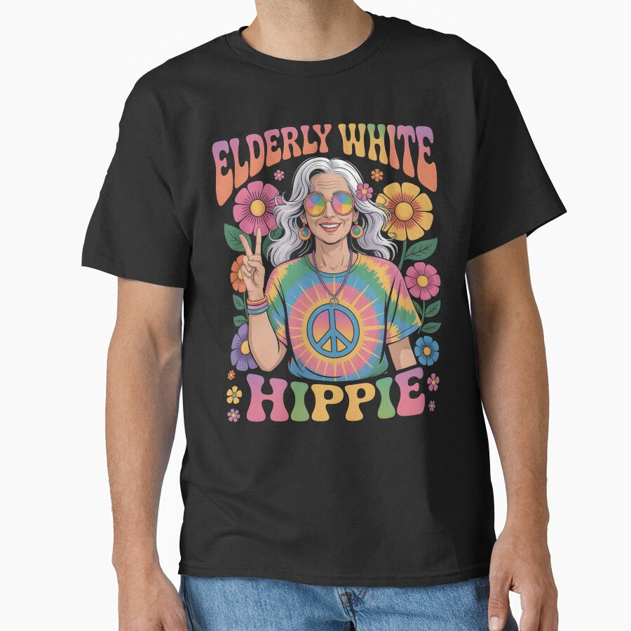 Elderly White Hippie Woman Funny Retro Gift For Peace Lovers by SkymarArt