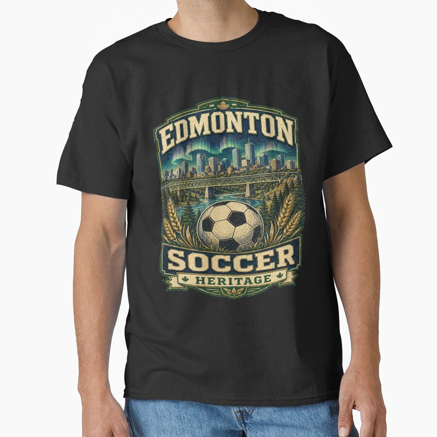 Edmonton Soccer Heritage Retro Canada Shirt | Vintage Alberta Football Travel Design | Mountain Skyline Soccer Fan Gift by Globalcitytees