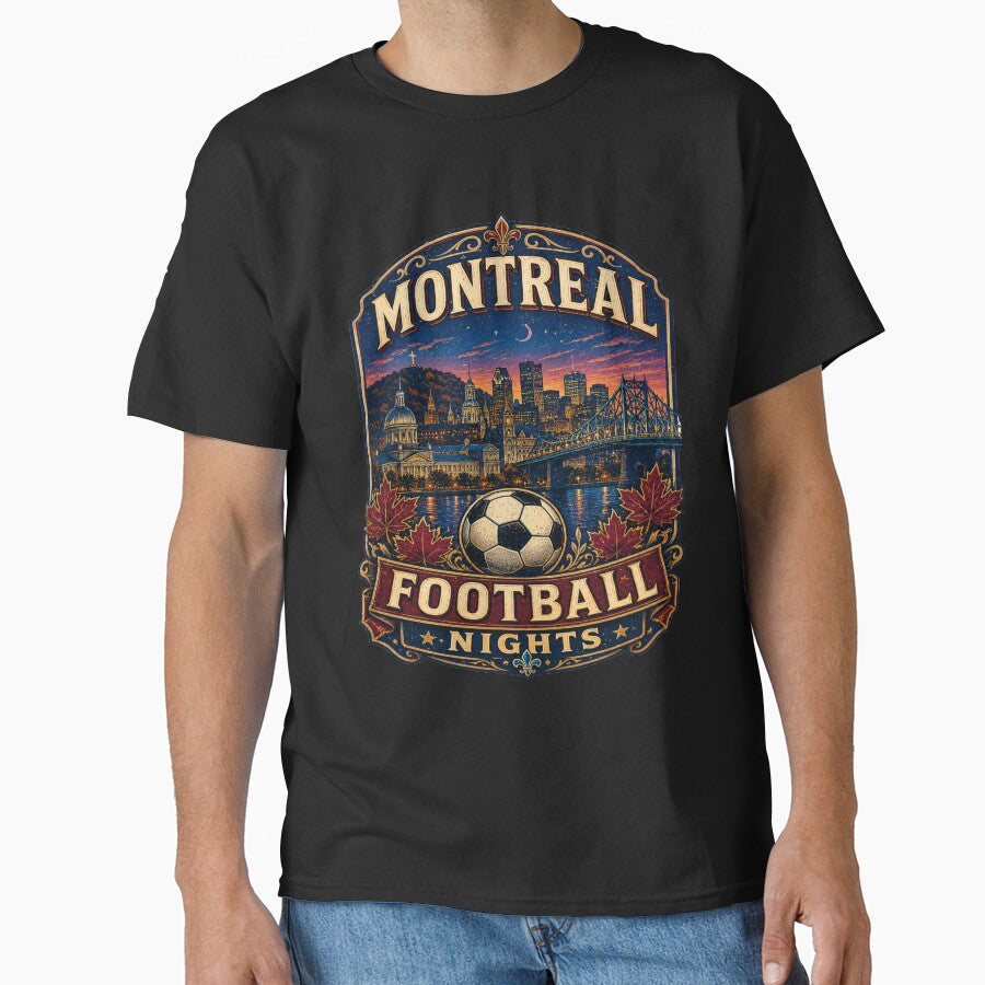 Montreal Football Nights Retro Soccer Travel Shirt | Vintage Canada Skyline Soccer Fan Gift | Maple Leaf City Travel Poster by Globalcitytees