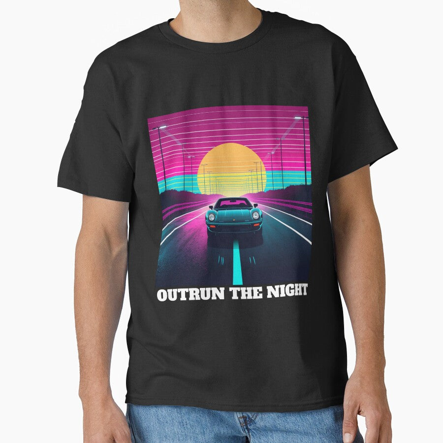 Neon Synthwave Car Driving Into Retro Sunset 80s Highway Art by NeuralAuraArts