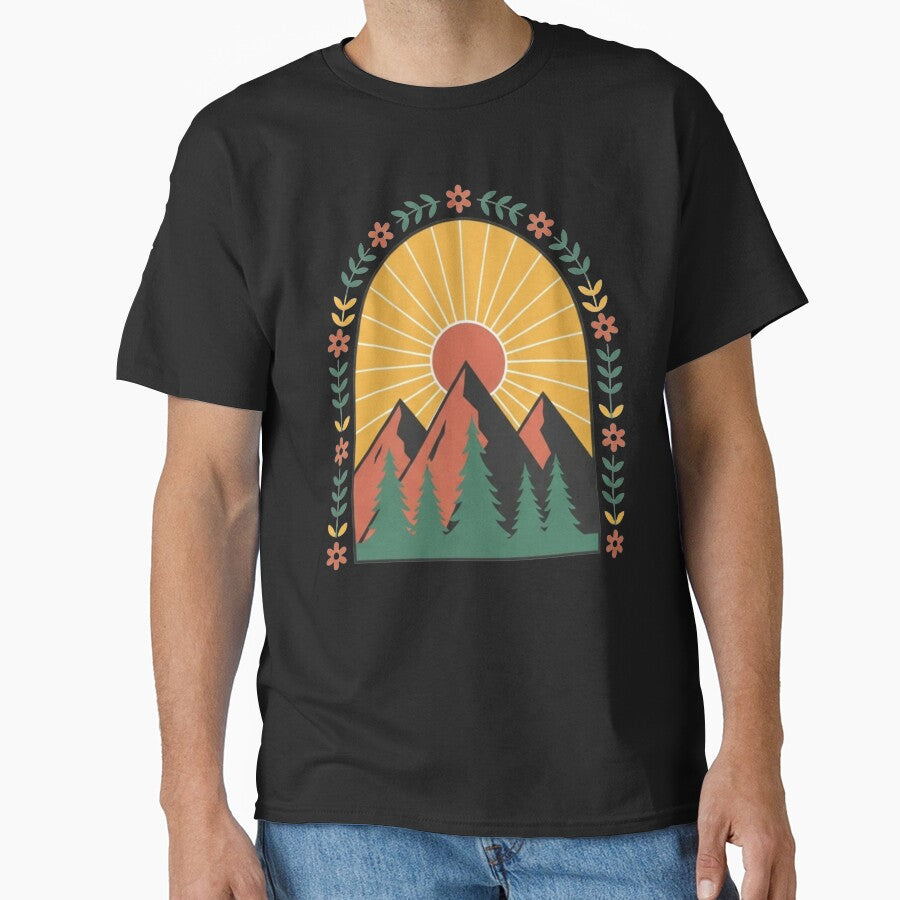 Boho Mountain Sunrise Floral Arch | Earthy Nature Retro Print by Dzblack