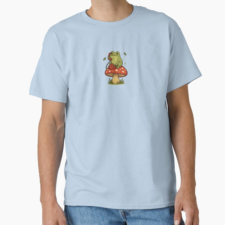 Frog on a Mushroom Call – Cute Whimsical Nature Art by thenicequote