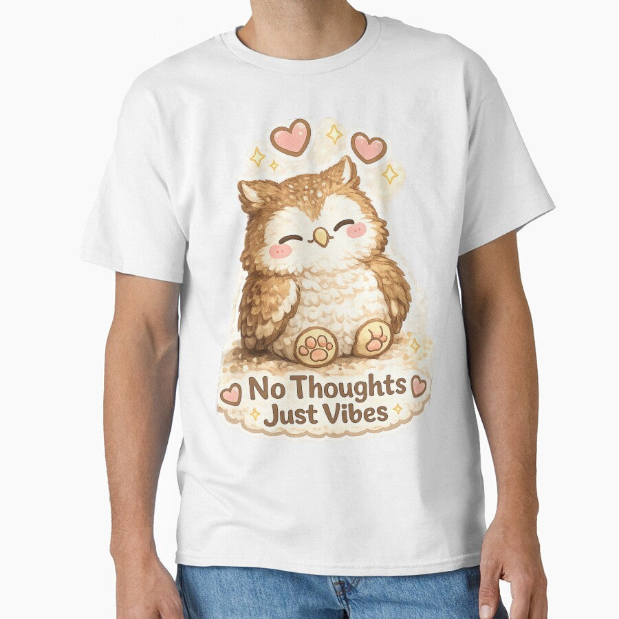 No Thoughts Just Vibes – Cute Owl Aesthetic Illustration by BabyStark