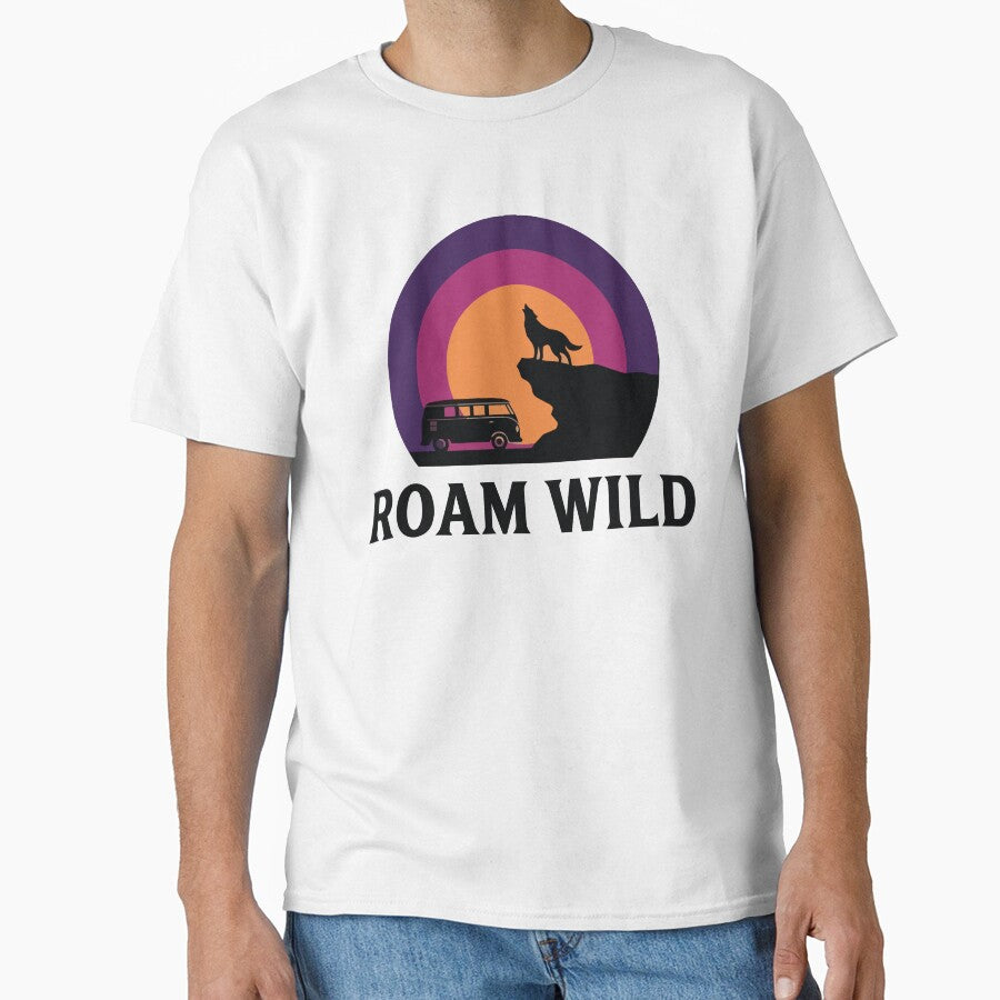 Roam Wild - Wolf & Camper Van Cliffside Retro Sunset Circle Banner by Arc2020