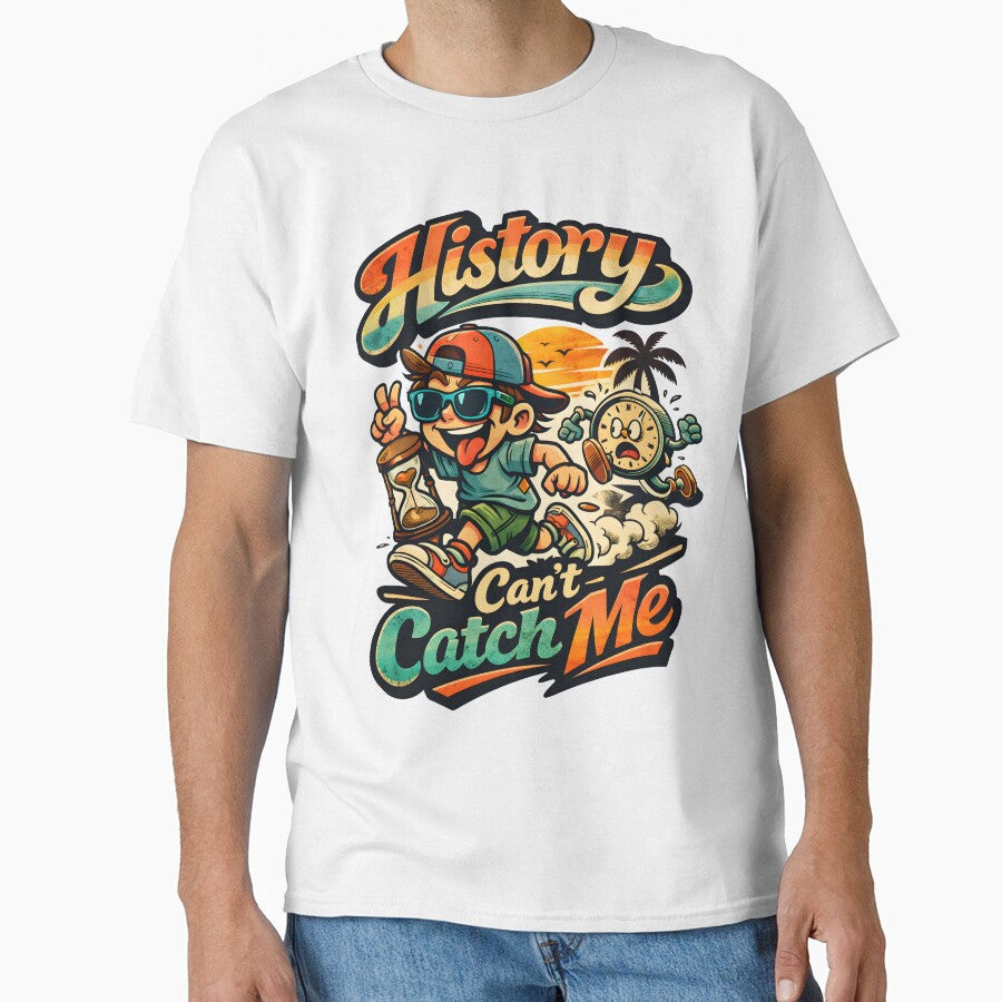 History Can't Catch Me Retro Pop Aesthetic - Funny Time Travel Satire Art - Vintage 90s Nostalgia Motivational Graphic for Streetwear & Posters - Summerween Beach Sunset Glitch Core Design by Vivaan Studio
