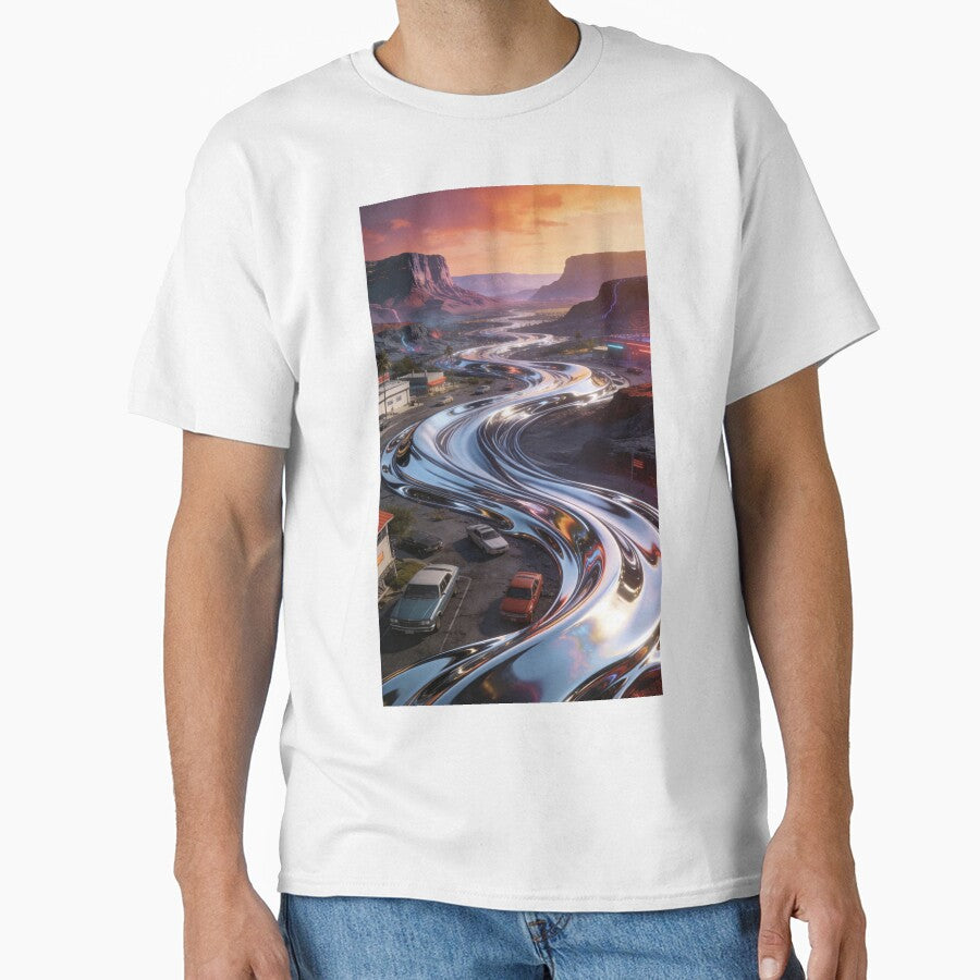 Liquid Chrome Road Trip Art | Retro-Futurism Desert Sunset Landscape | Outrun Vaporwave Aesthetic Poster by Cherrydora