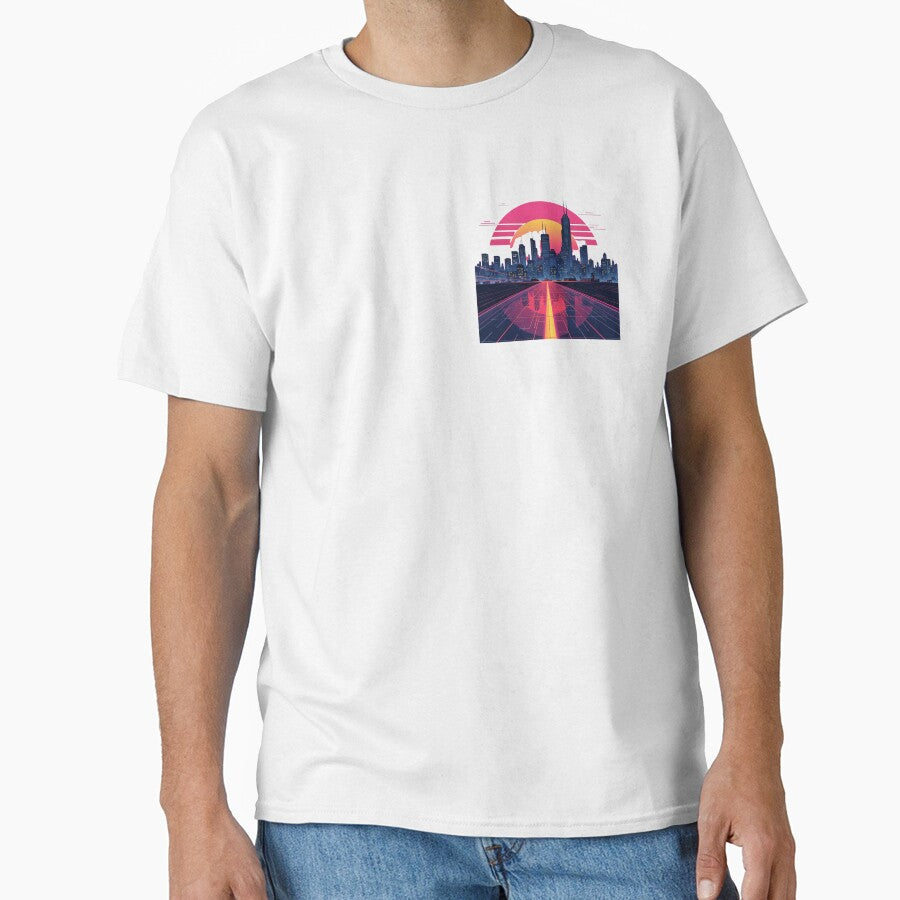 Retro Synthwave Cityscape T-Shirt – Vaporwave Sunset Skyline | Cyberpunk, 80s Aesthetic Shirt by OanaArt