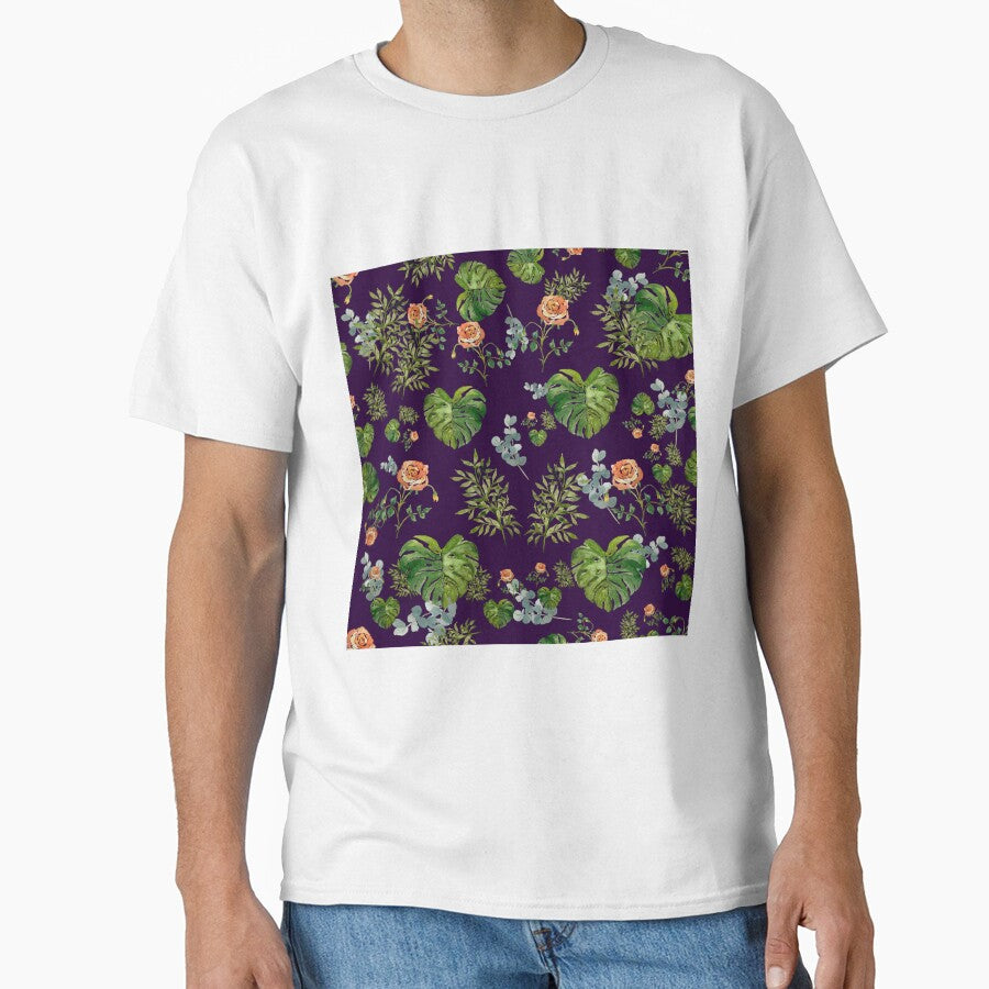 Rose flower palm leaf branch pattern watercolor violet by Yana Mustafina | Boho Soulful Designs