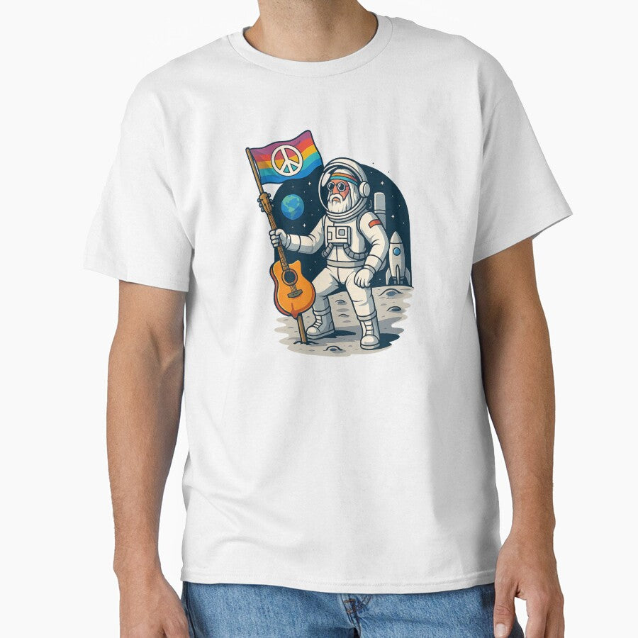 Elderly White Hippie Astronaut – Moon Peace Flag Guitar Design by Lunaria Arts