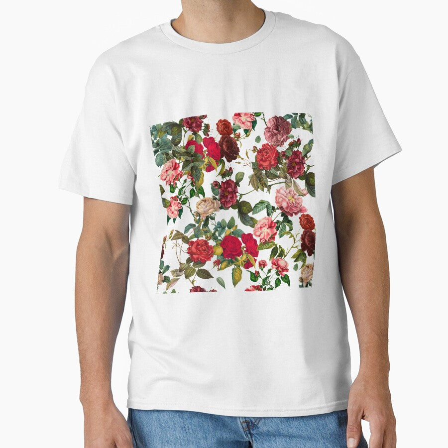 Red pink nostalgic rose vintage cottagecore flowerpattern garden teal background by PG Illustration