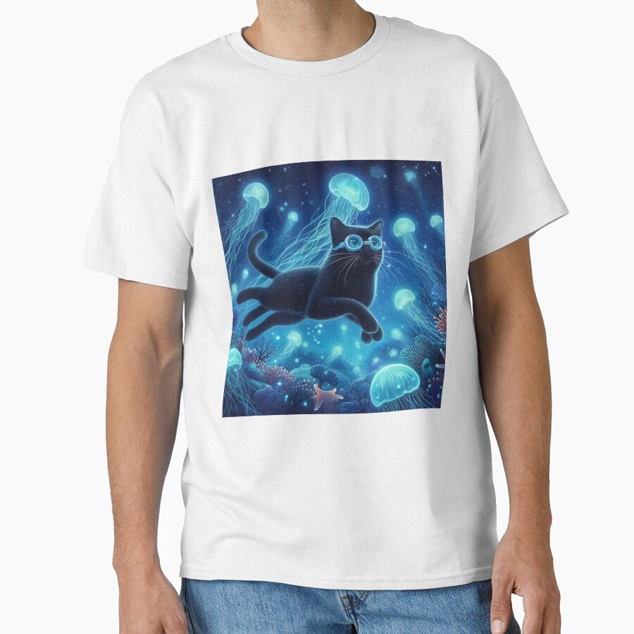 jellyfish on the ocean floor with curious black cat by Zelda50