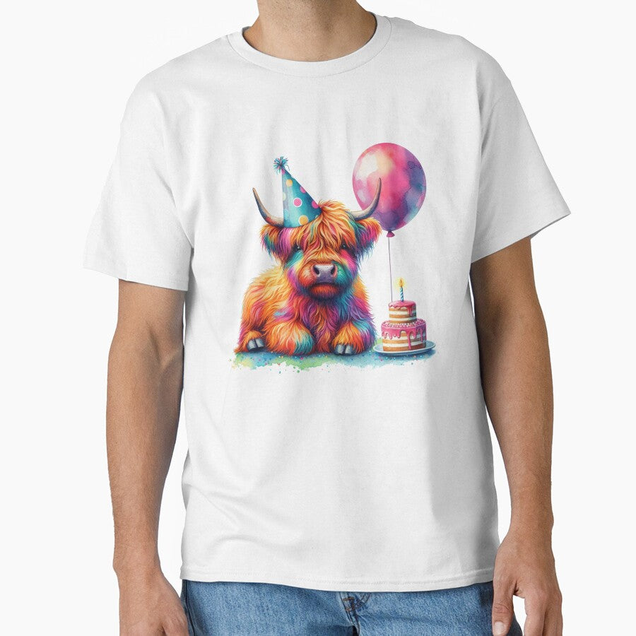 Scottish Highland Cow Calf Celebrating a Happy Birthday Colorful Watercolor by MaedK