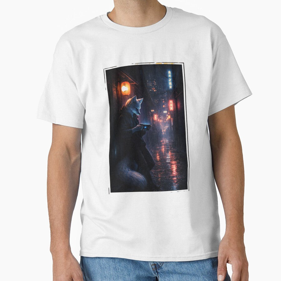Neon Silence – Cyberpunk Wolf Gamer in the Rain by VireonTees
