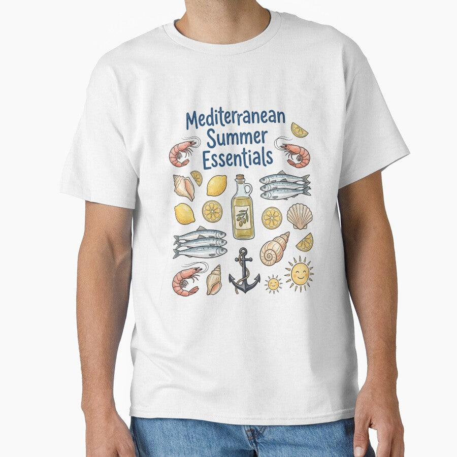 Mediterranean Summer Essentials Shirt - Cute Italian Coastal Collage Graphic Tee - Retro Seafood and Citrus T-Shirt, Sardine Shrimp Lemon Apparel, Euro Summer Gift by justyna-s28