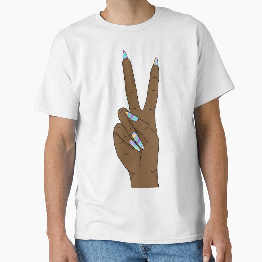 Peace sign hand with holograph nails by savanamms6