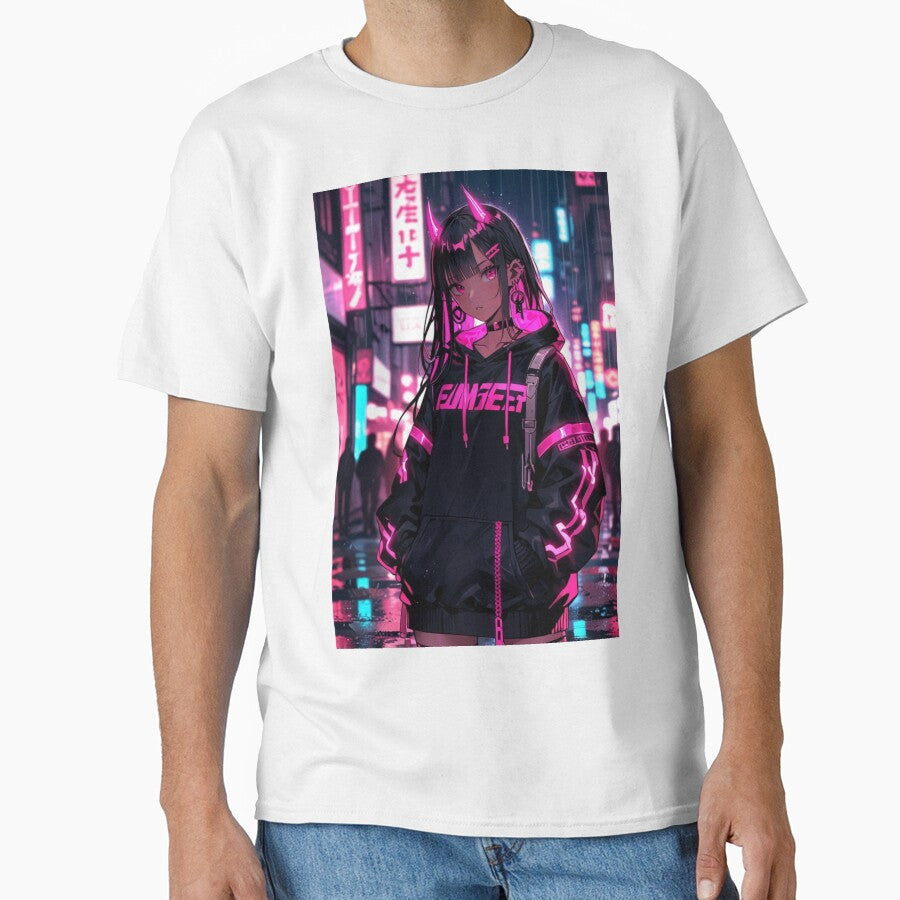 Cyber Girl Pink Neon Hoodie Anime Illustration by AnimDream