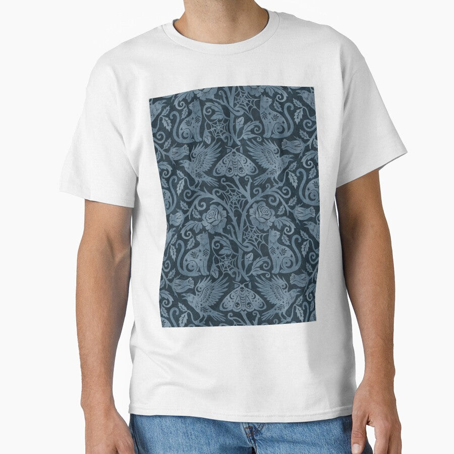 Ornate Gothic Cats Ravens Moths And Roses In Dark Navy Blue by EliveraDesigns